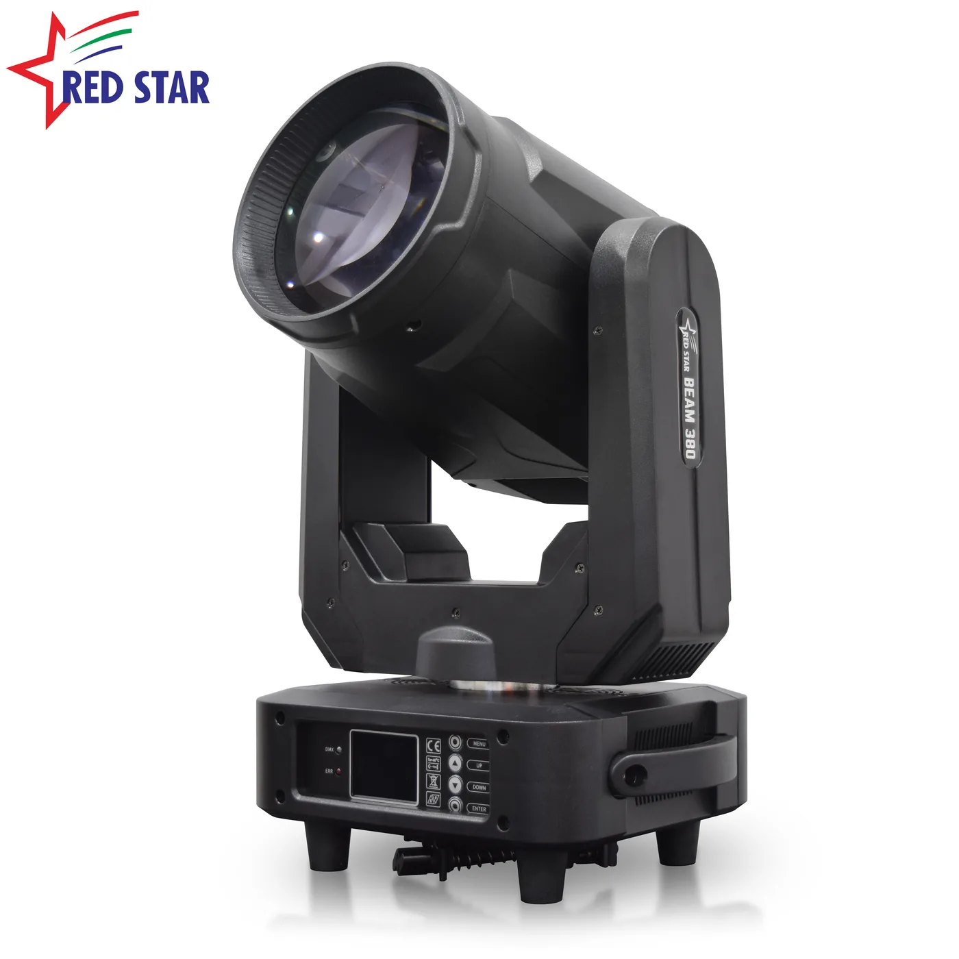 Front-angle view of the 380W beam moving head lens and yoke