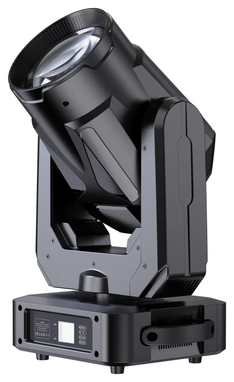 380W indoor beam moving head light front three-quarter view