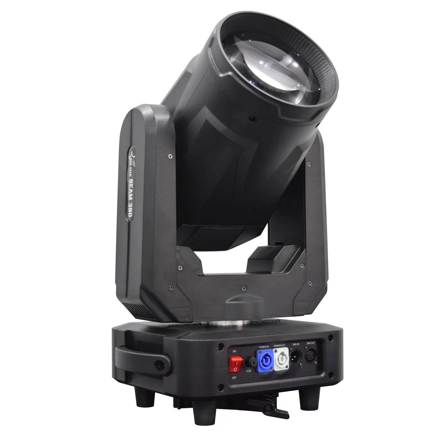 Rear angle showing the 380W beam moving head connections and yoke