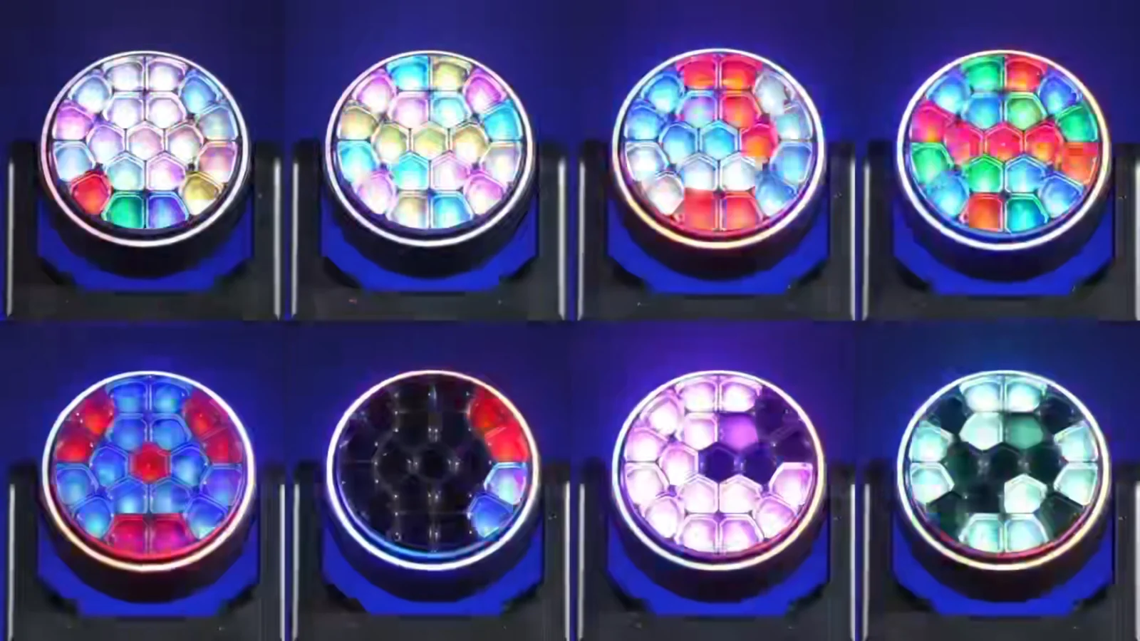 19x40W Focusing Bee Eye Moving Head — Eight color looks shown on bee-eye moving head lenses