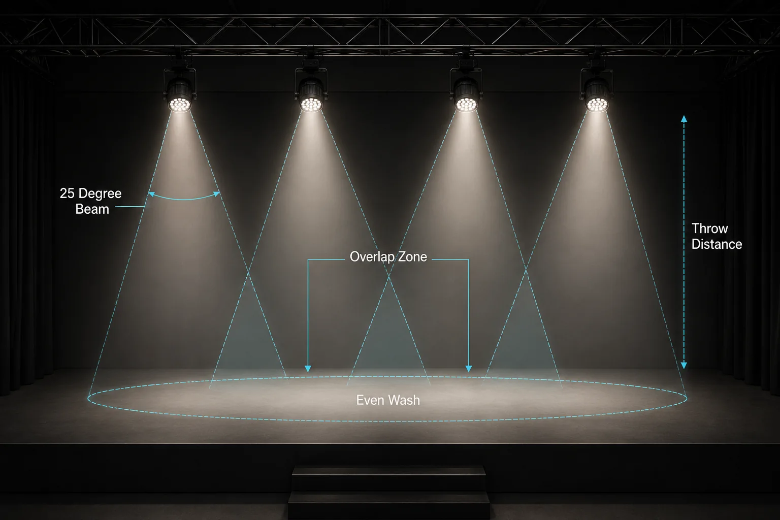 LED PAR beam angle and overlapping stage wash coverage