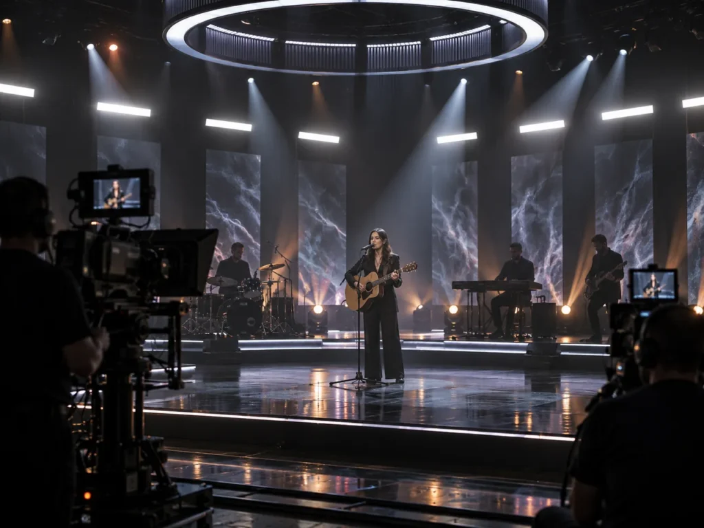 Live performance stage with broadcast cameras