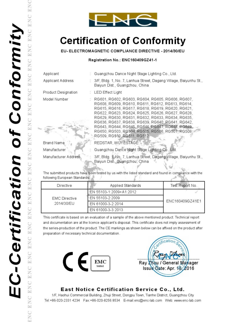 CE electromagnetic compatibility certificate for LED effect light models