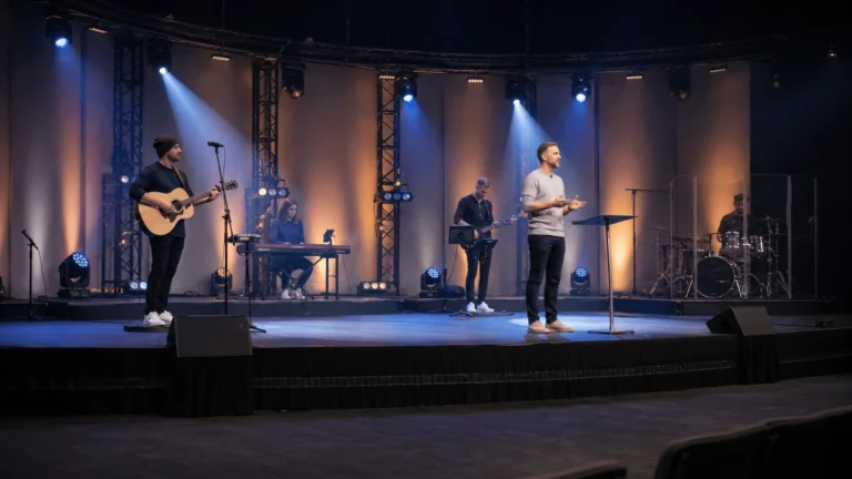 Church stage lighting with face light, LED wash, and moving heads