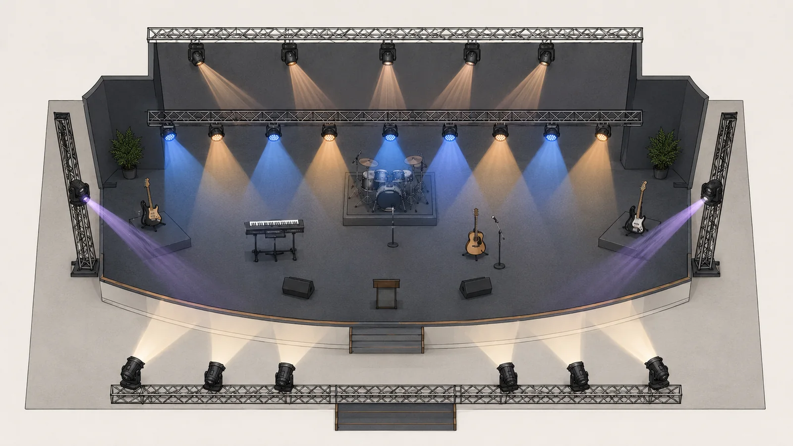 Church stage lighting setup diagram with front, wash, and effect zones