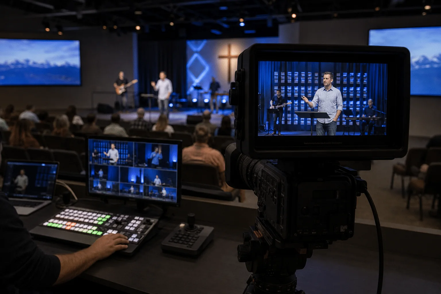 Church stage lighting for video with balanced face and background light