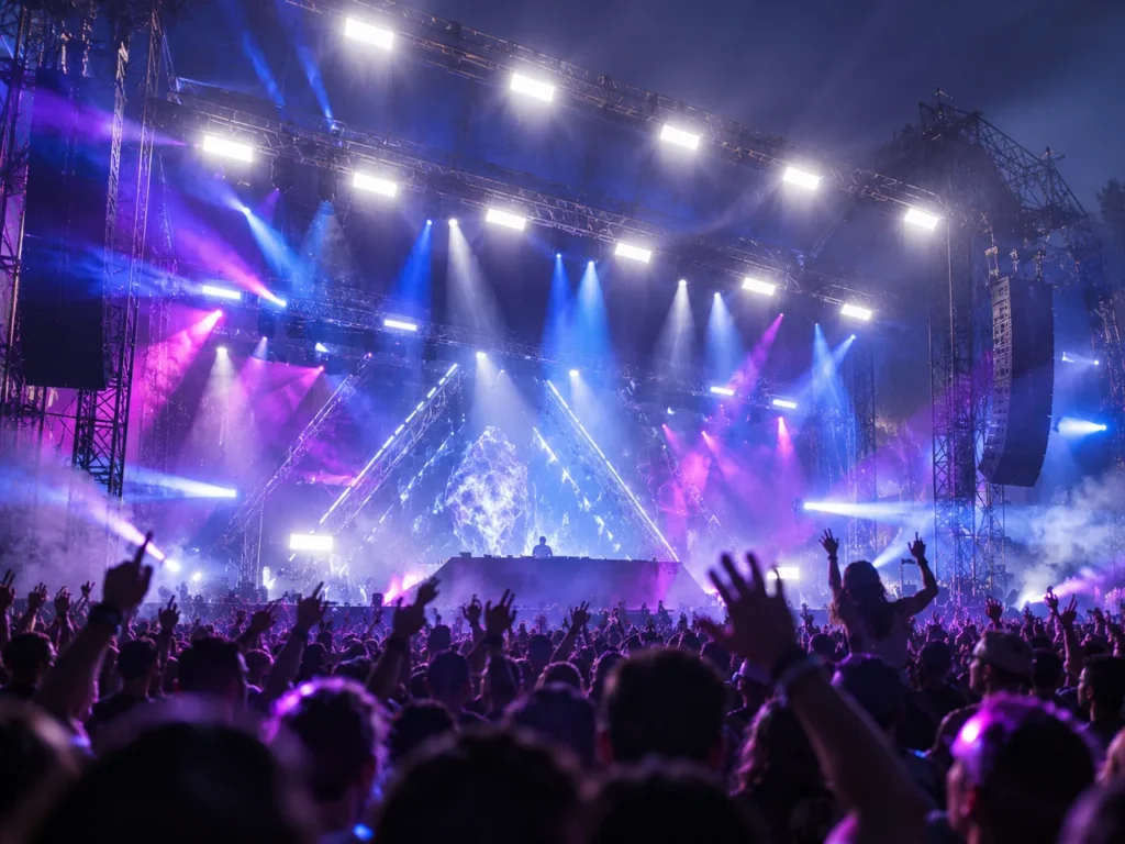 Festival stage with blue and violet lighting over a crowd