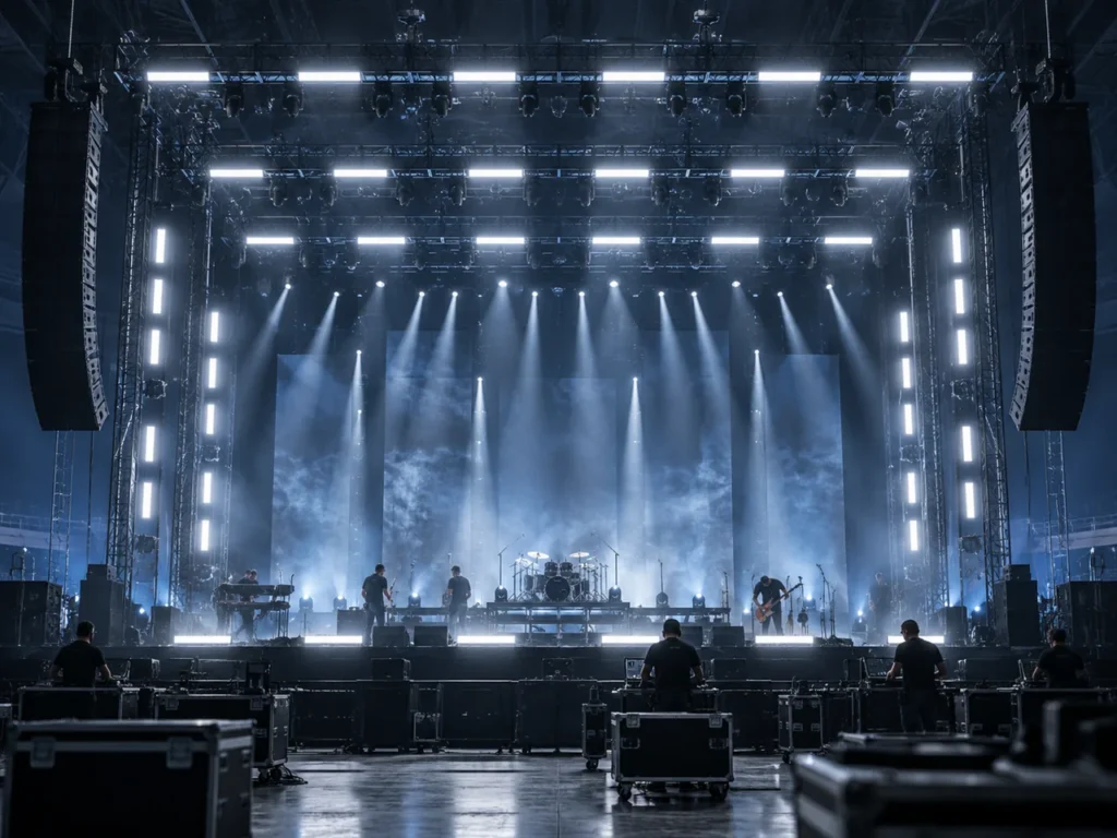 Concert stage lighting rig viewed from the audience