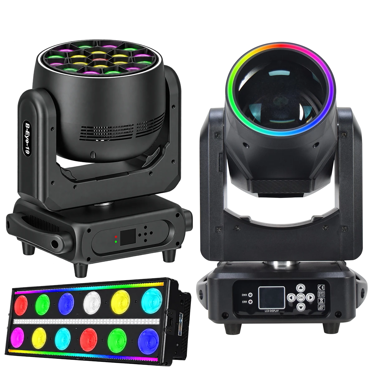 Moving head beam, bee eye wash and RGBW effect fixtures for a DJ lighting combination