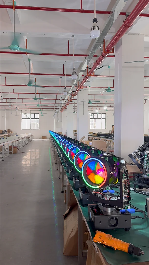 Beam moving head fixtures arranged on the WUYESTAGE production line