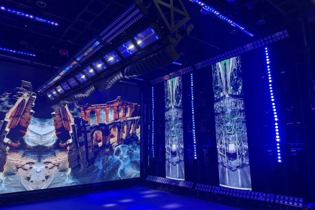 LED display wall and stage lighting demonstration at the WUYESTAGE Guangzhou exhibition booth