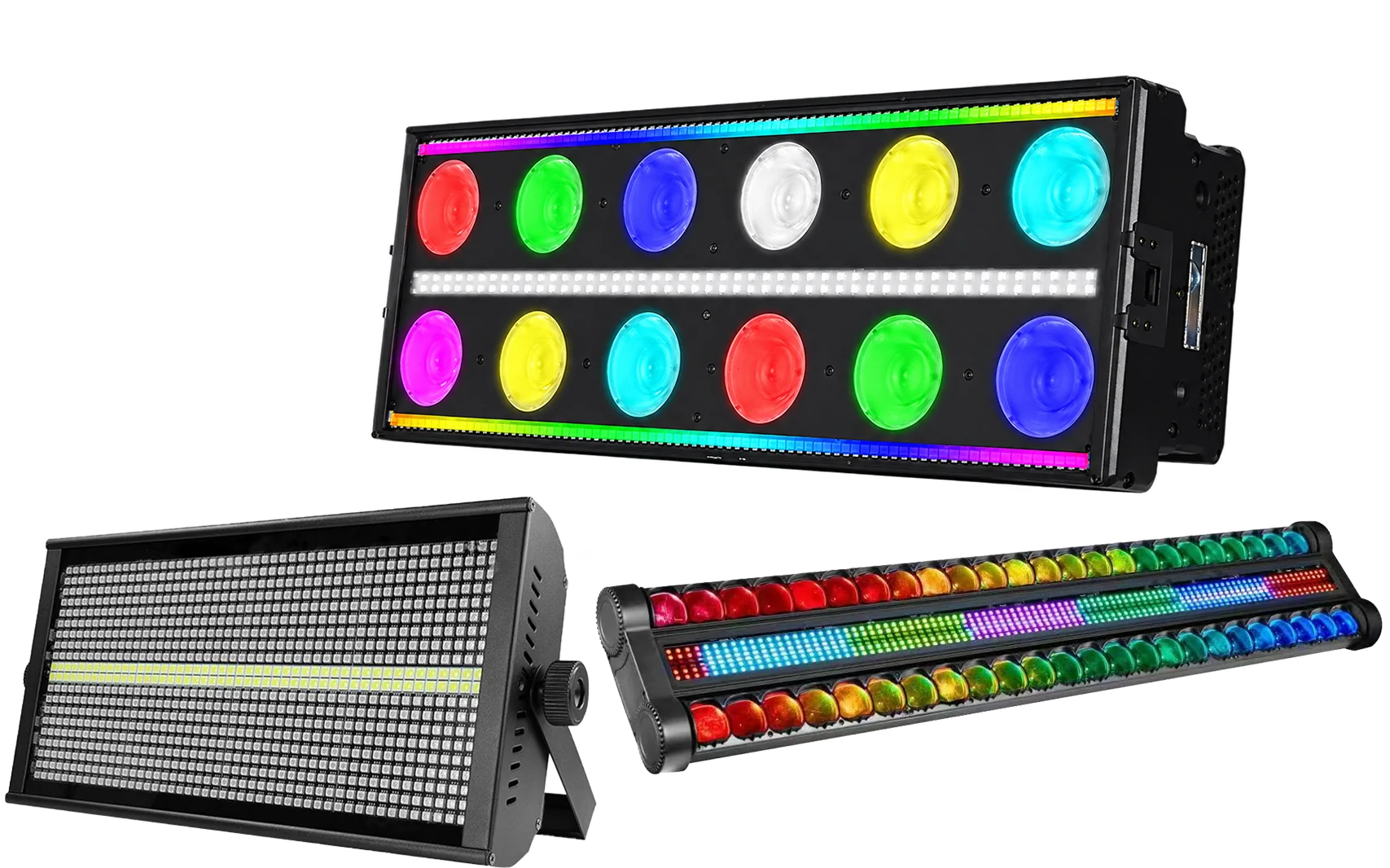 LED strobe and pixel bar fixtures with multicolor LED arrays