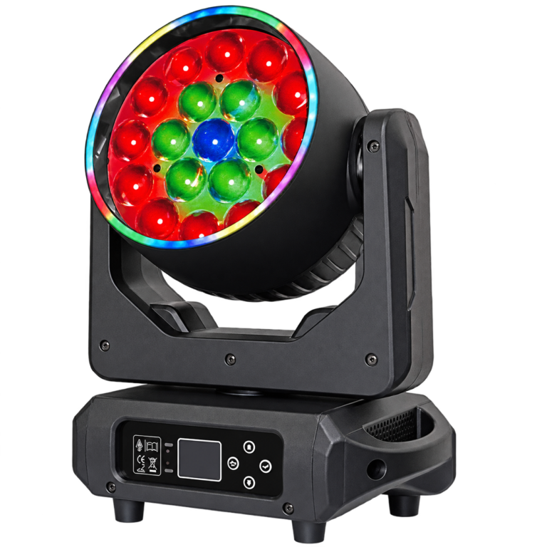 19x15W beam wash moving head with illuminated LED ring and 19 front lenses