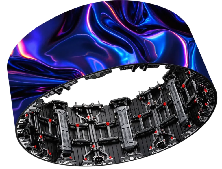 Indoor flexible curved LED screen concept showing the front display surface and rear cabinet structure