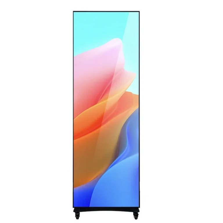 Front view of a mobile indoor LED poster display on caster wheels