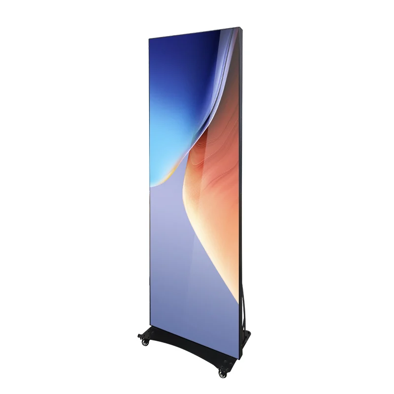 Indoor LED Poster Display — Angled front view of a slim indoor LED poster screen with mobile base