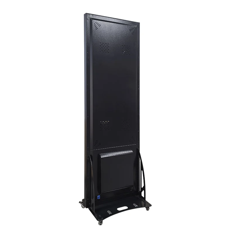 Rear left view of an indoor LED poster display cabinet and caster base