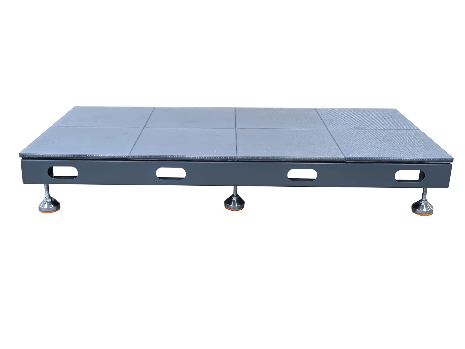 Interactive LED Floor Screen — Side view of an LED floor screen cabinet with adjustable support feet