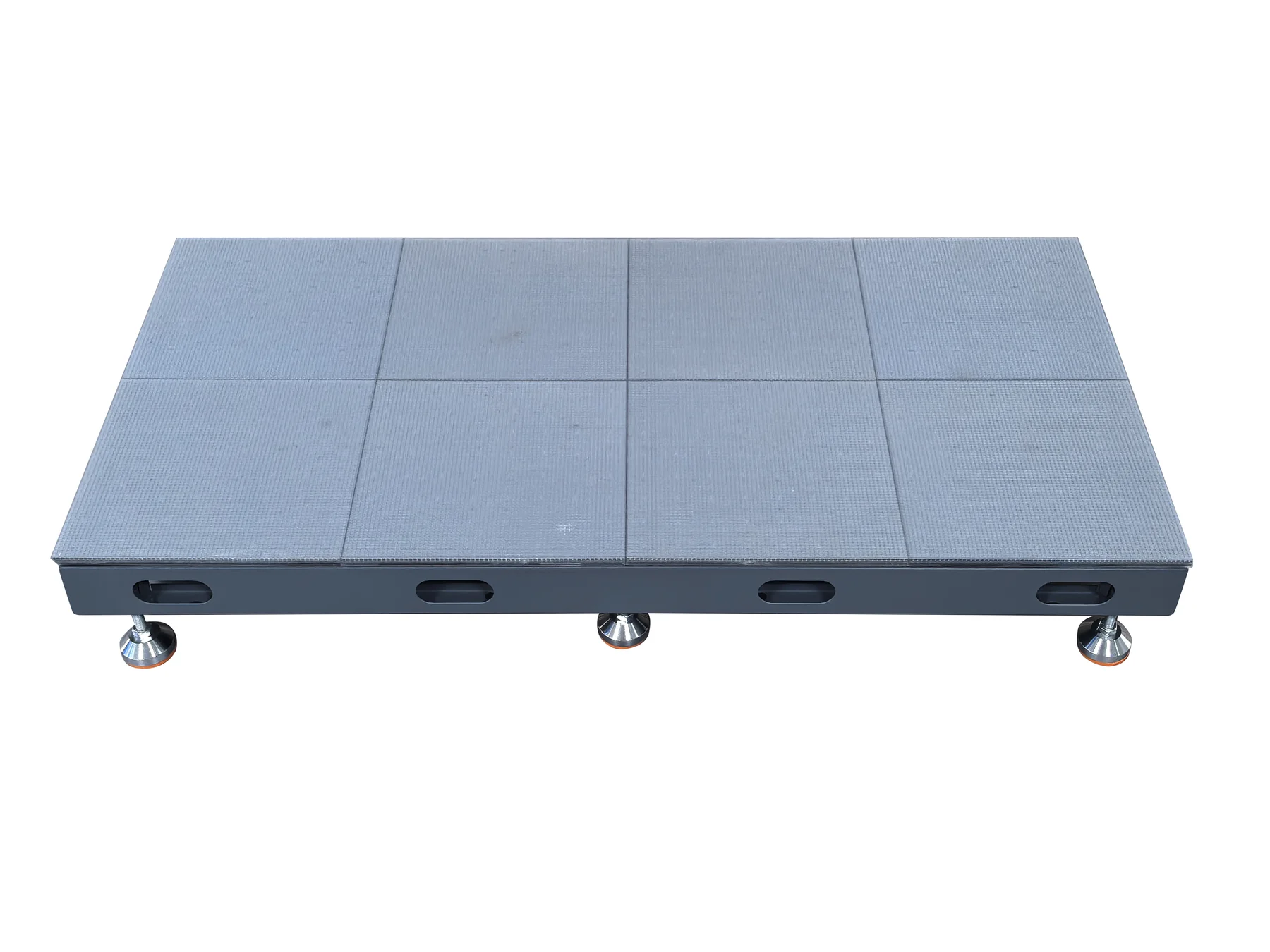 Wide view of the LED floor cabinet surface and metal frame