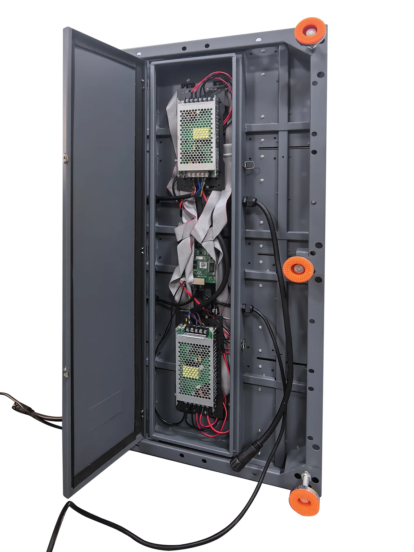 Open rear service compartment with power supplies and control components