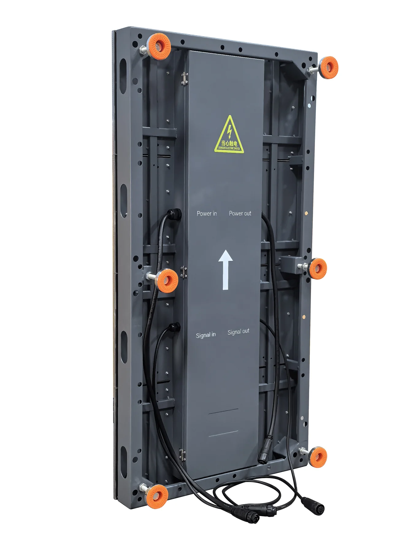 Angled rear view of the floor LED cabinet and adjustable feet