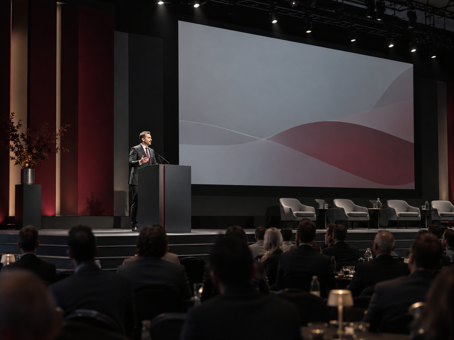 LED profile spotlight for a corporate conference stage and presentation area