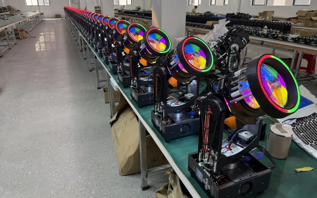 Stage lighting production and quality control at the WUYESTAGE factory