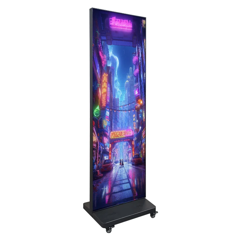 Angled front view of a foldable LED poster screen showing promotional content
