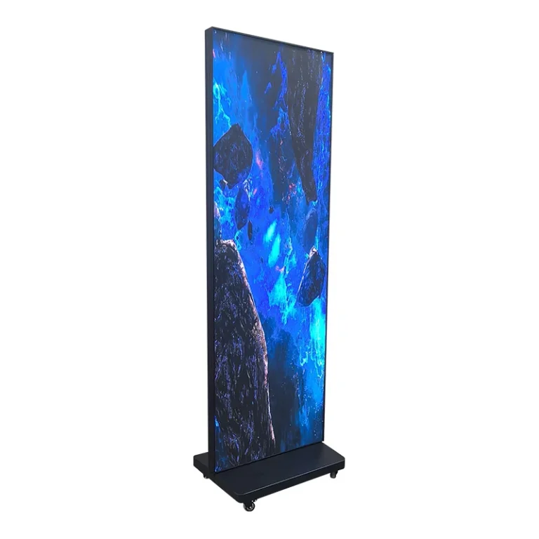 Modular Foldable LED Poster Display — Angled view of a modular foldable indoor LED poster display on caster wheels