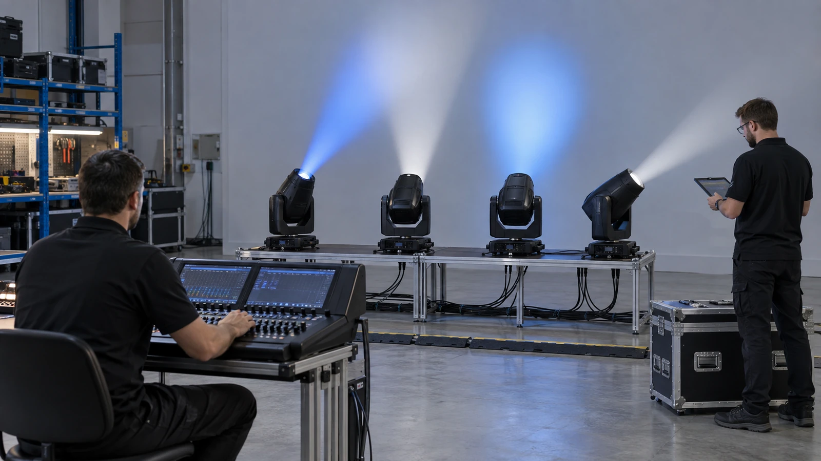 Rental technician testing matched moving head lights before a bulk order
