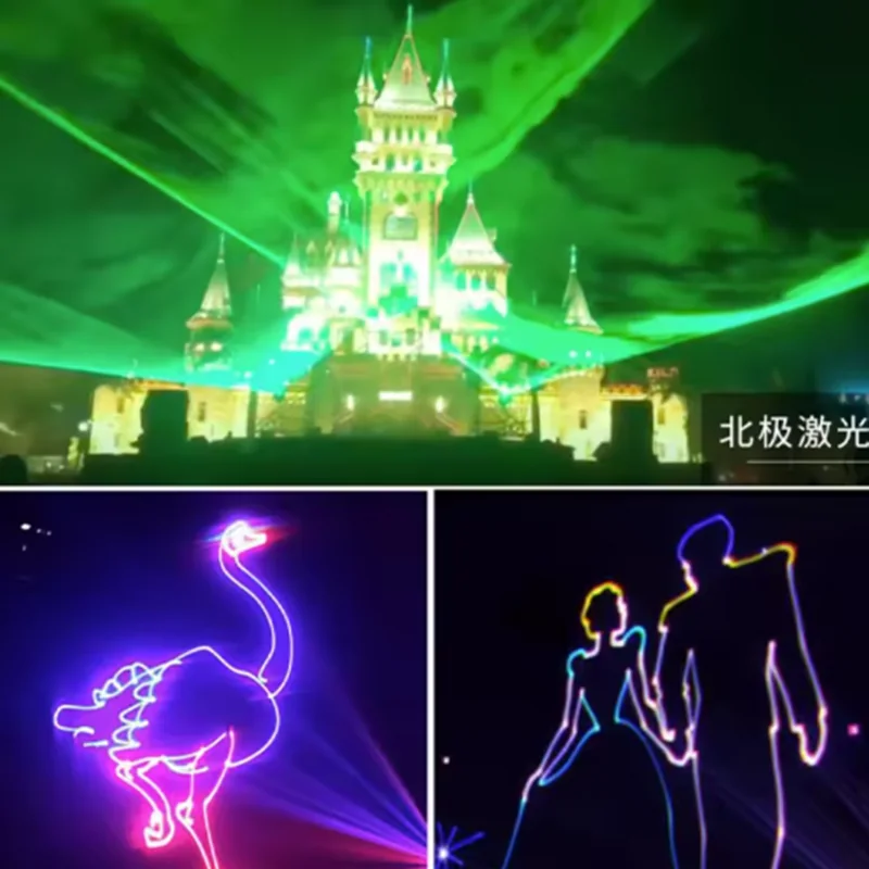 Outdoor green laser and line-animation demonstration collage