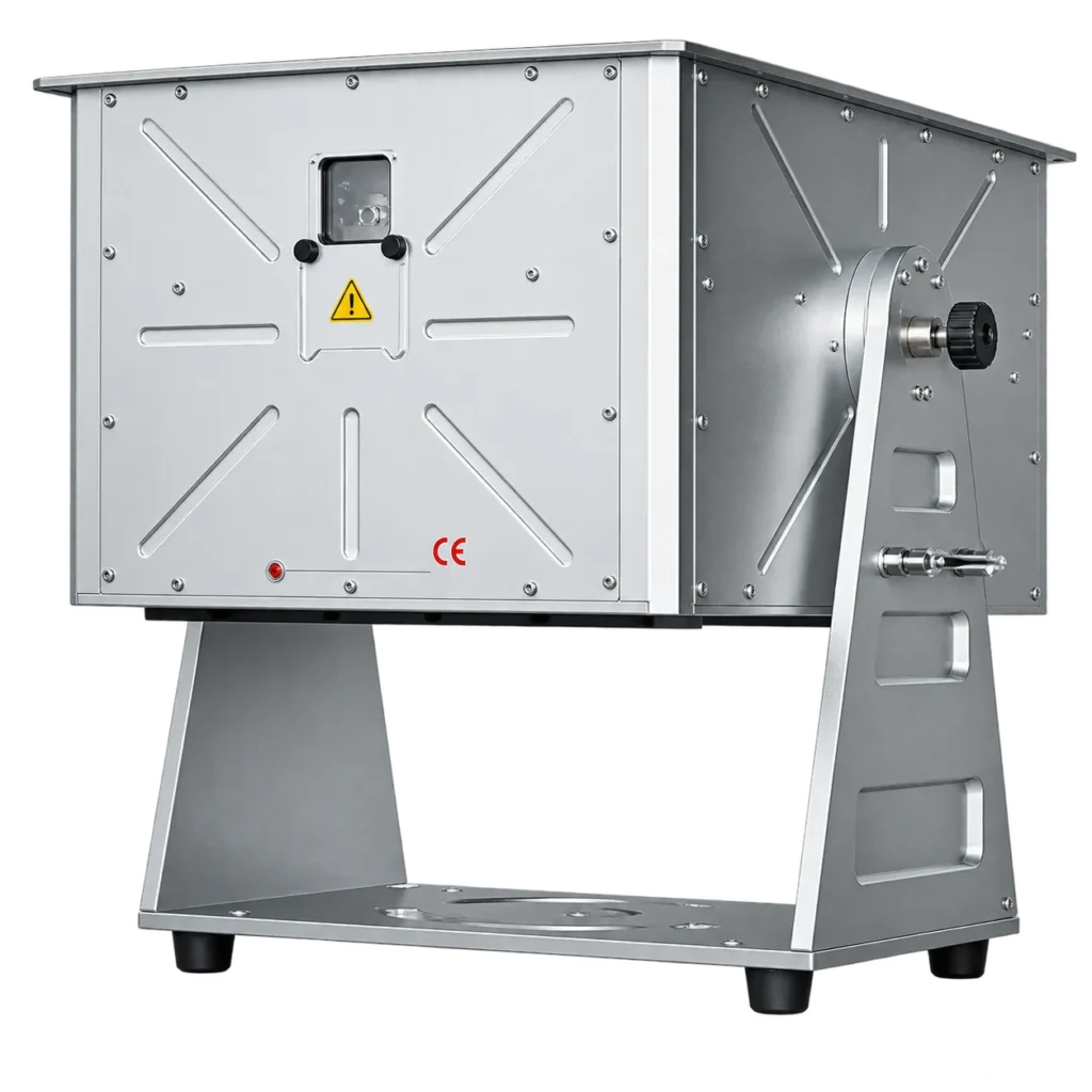 Angled front view of IP65 outdoor laser projector and mounting frame