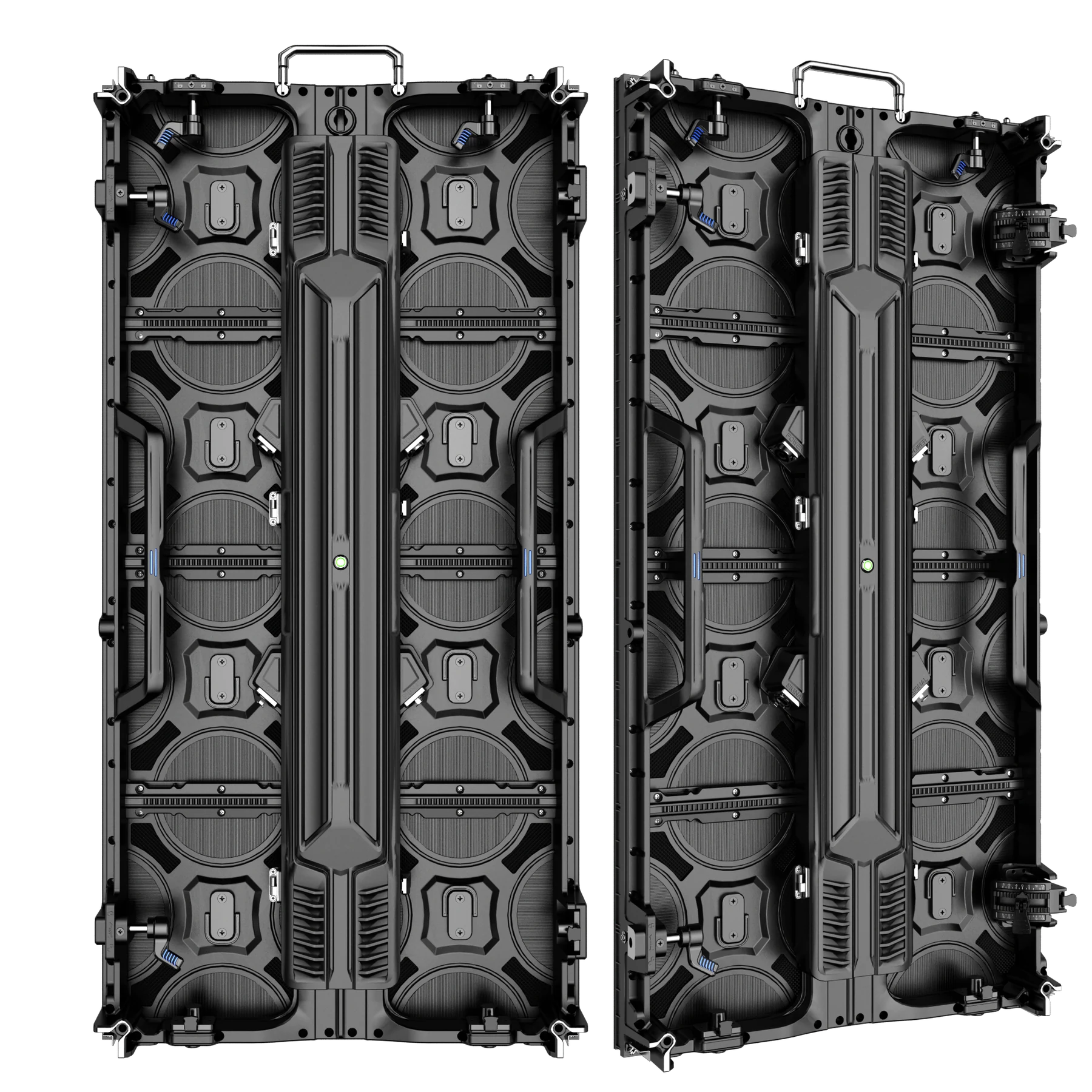 P3.91 500 by 1000 millimeter rental LED cabinet rear straight and angled views