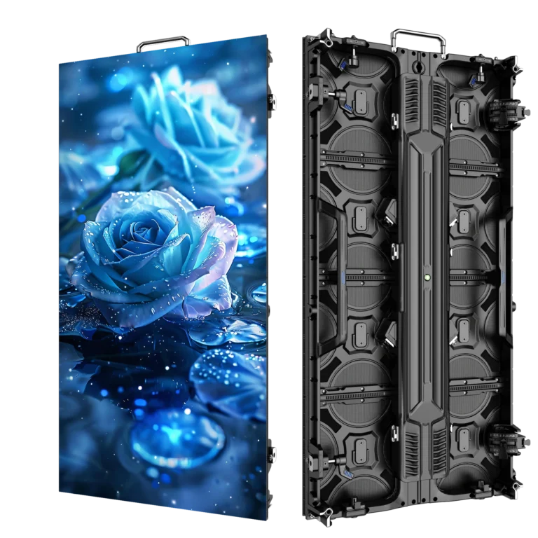 P3.91 500 by 1000 millimeter rental LED cabinet front and rear views