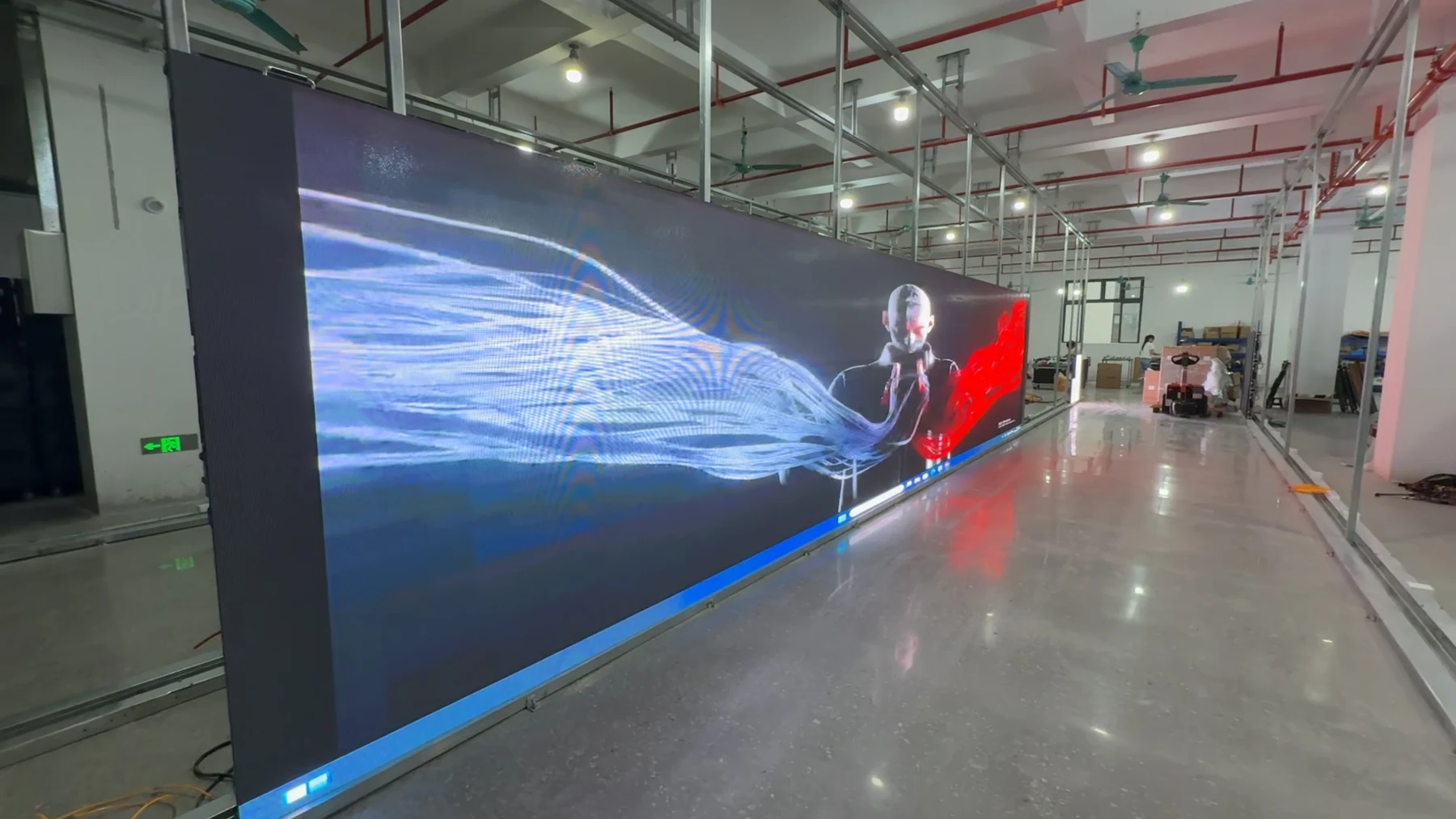 Assembled 500 by 1000 millimeter LED cabinets operating as a full video wall in the workshop
