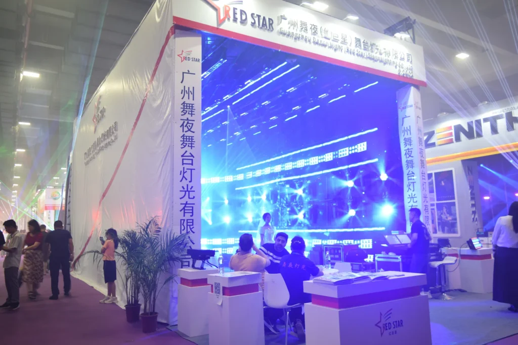 WUYESTAGE corner exhibition booth with blue LED display and stage lighting