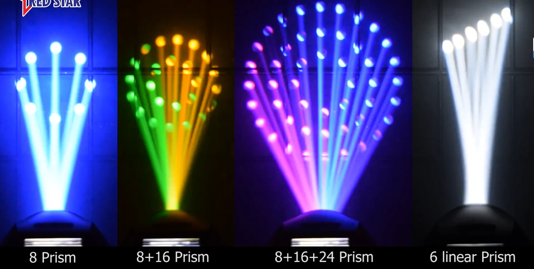 300W Beam Moving Head Light — Four prism configurations producing different multi-beam spreads