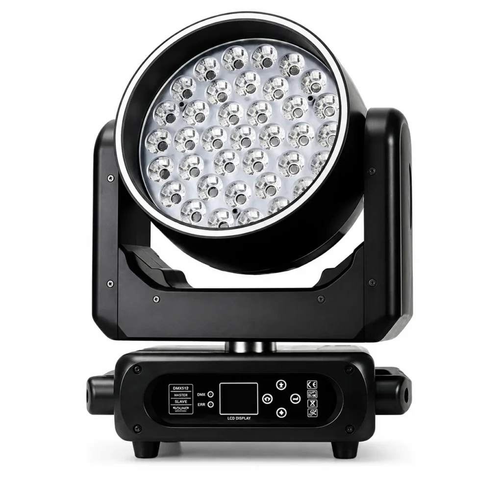 37x15W RGBW Wash Moving Head Light — 37 LED RGBW wash moving head front view and control base