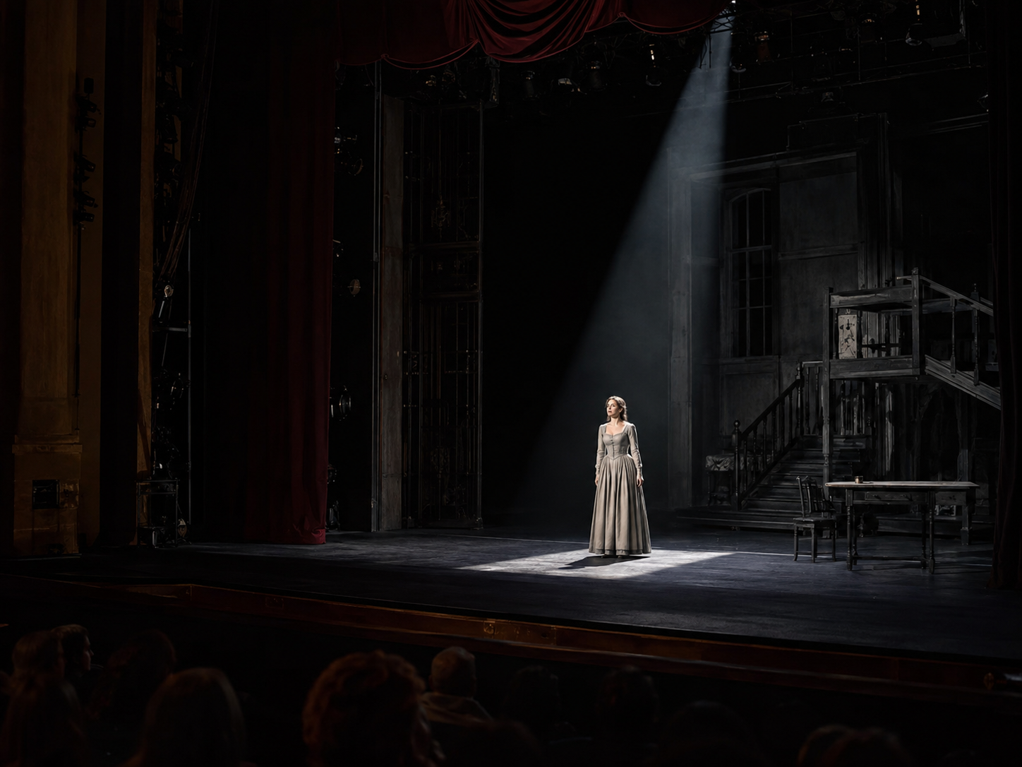 Profile spotlight isolating a performer on a professional theater stage