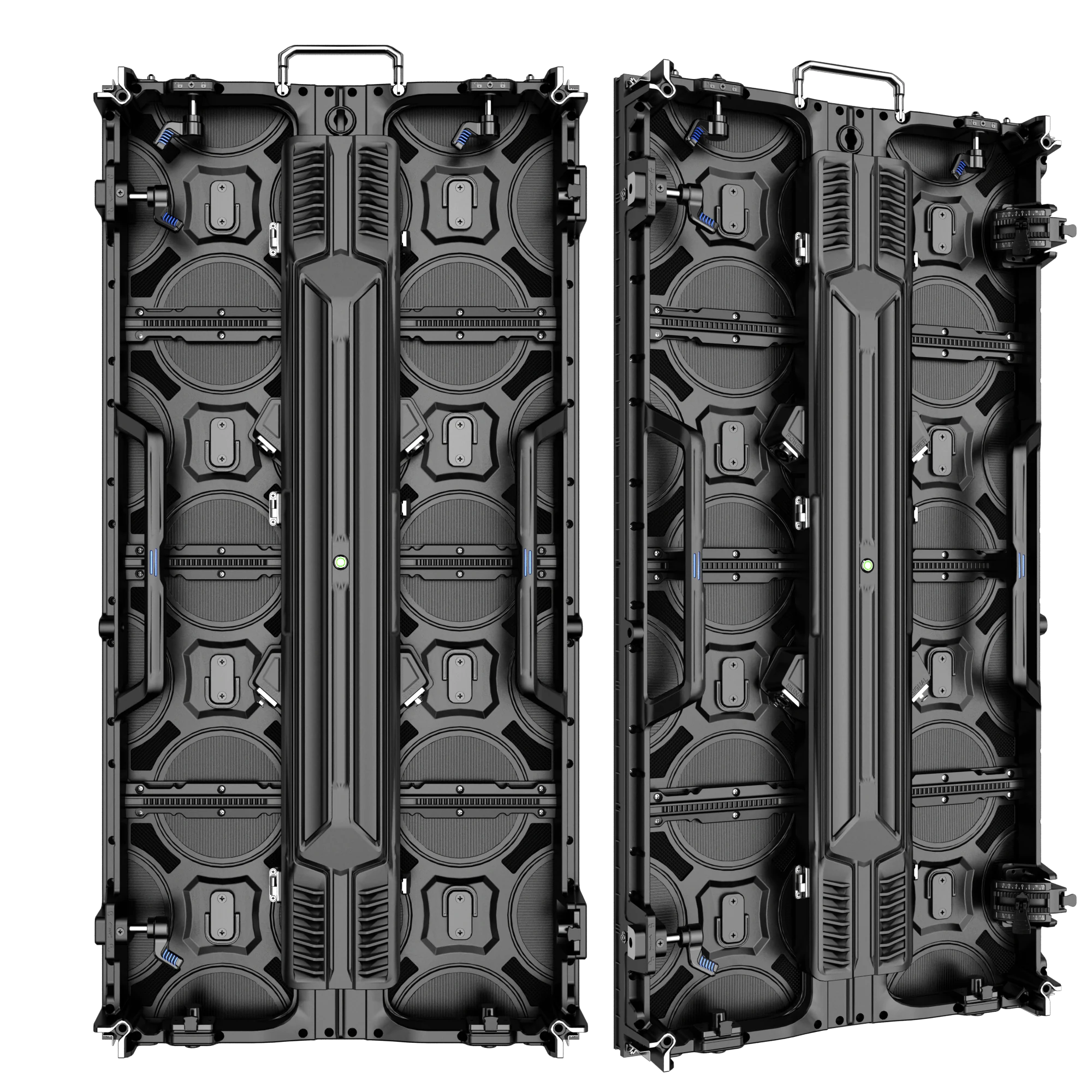 Direct and angled rear views of a 500 by 1000 millimeter outdoor rental LED cabinet