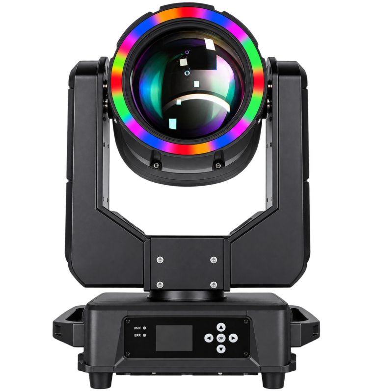 IP65 Beam Moving Head Light with LED Ring — Front view of the IP65 beam moving head with a multicolor LED ring around the lens