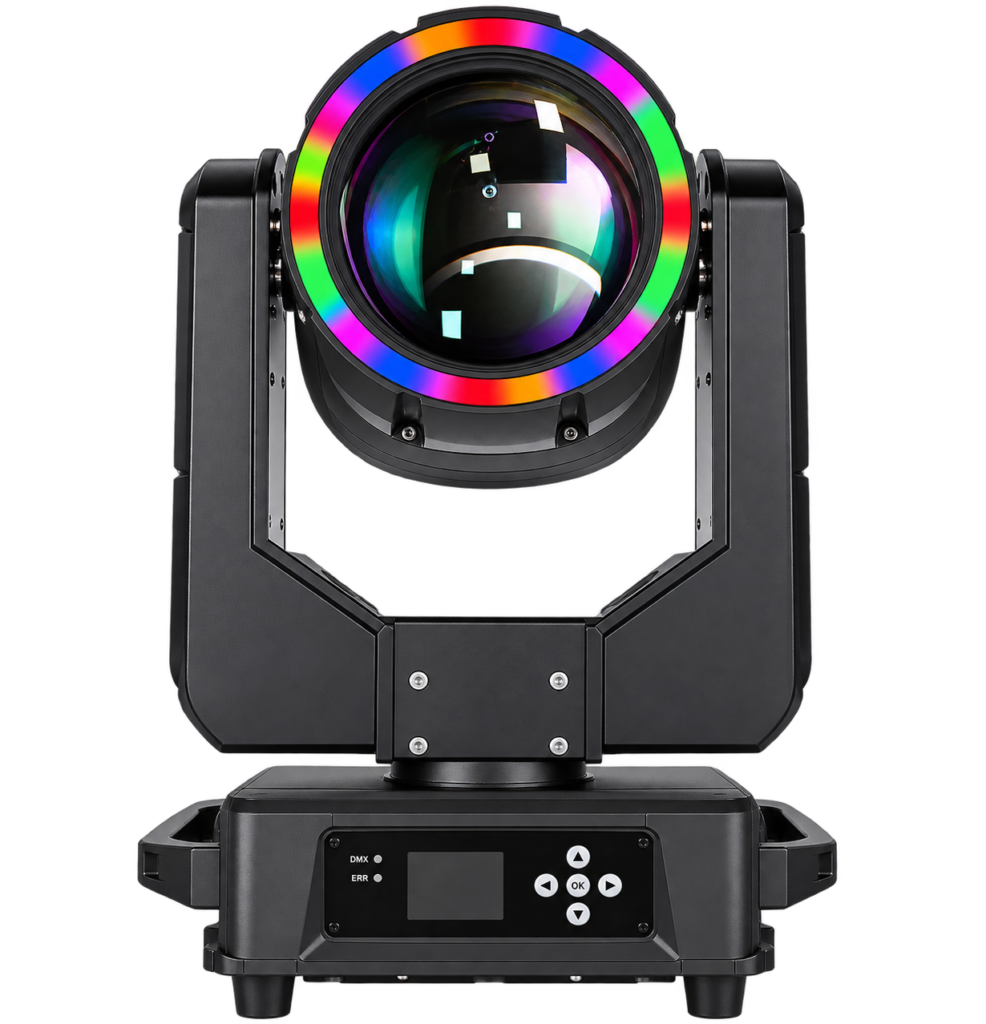 IP65 Beam Moving Head Light with LED Ring — Front view of the IP65 beam moving head with a multicolor LED ring around the lens
