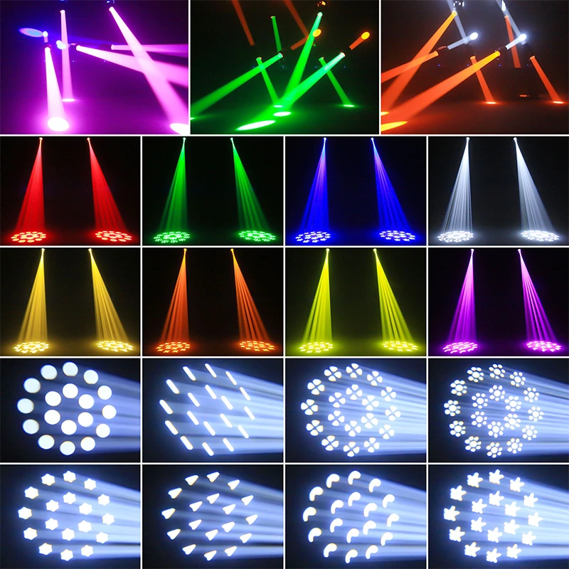 Twin Star demonstration collage showing colored beams and projected gobo patterns