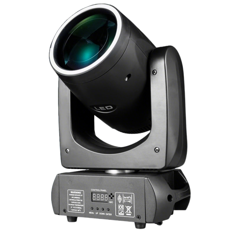 150W LED Beam Moving Head Light with RGB Ring — Angled front view of the LED beam moving head showing its lens, front ring and base control panel
