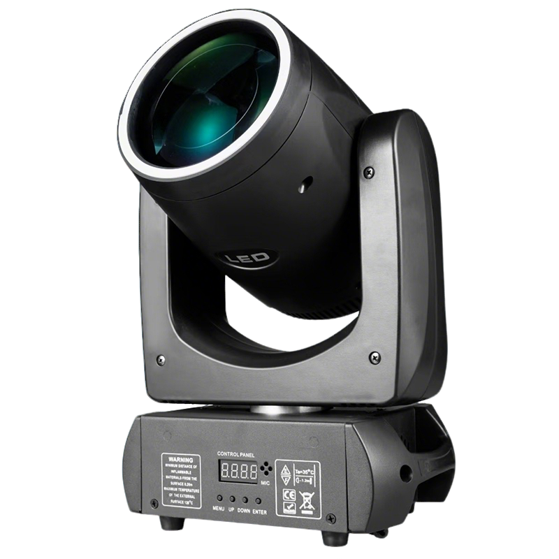 150W LED Beam Moving Head Light with RGB Ring — Angled front view of the LED beam moving head showing its lens, front ring and base control panel