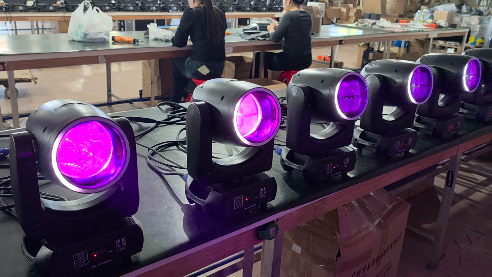 Row of beam moving heads showing purple lenses and white front-ring accents