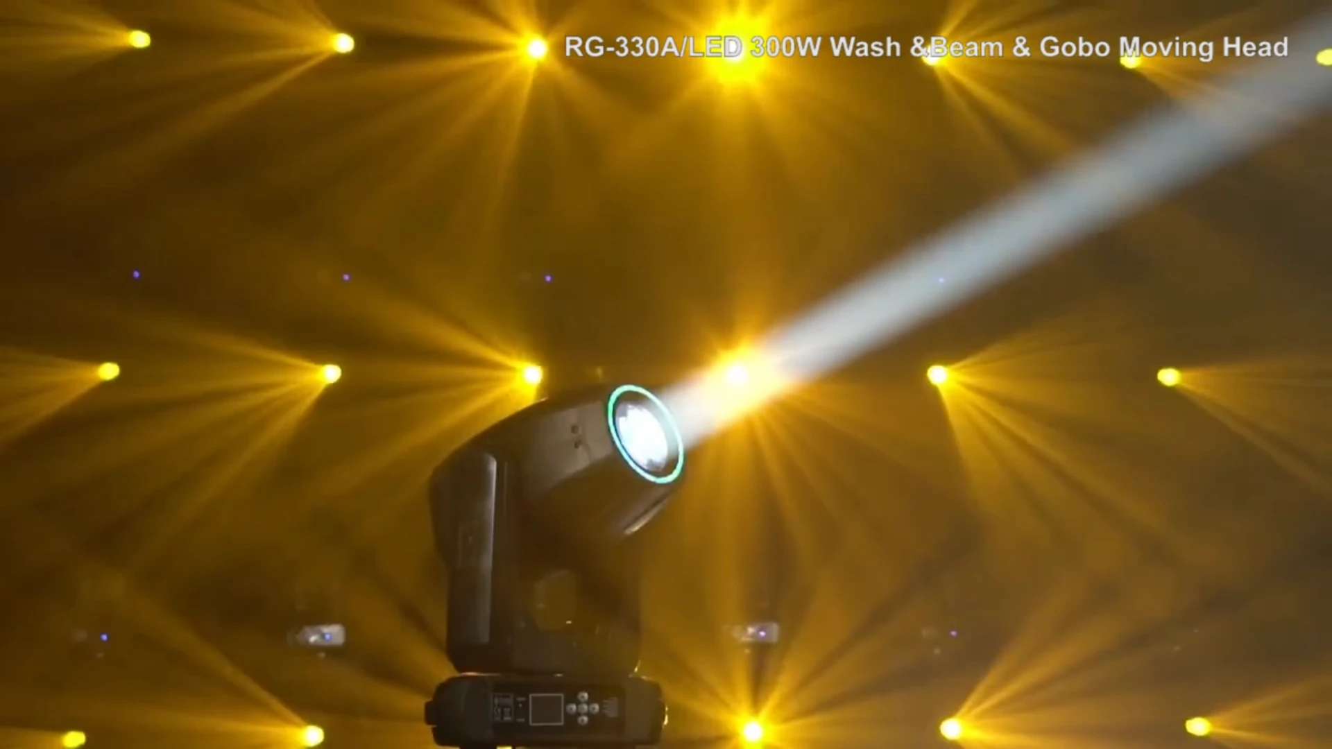 RG-330A fixture producing yellow beams in a stage setup