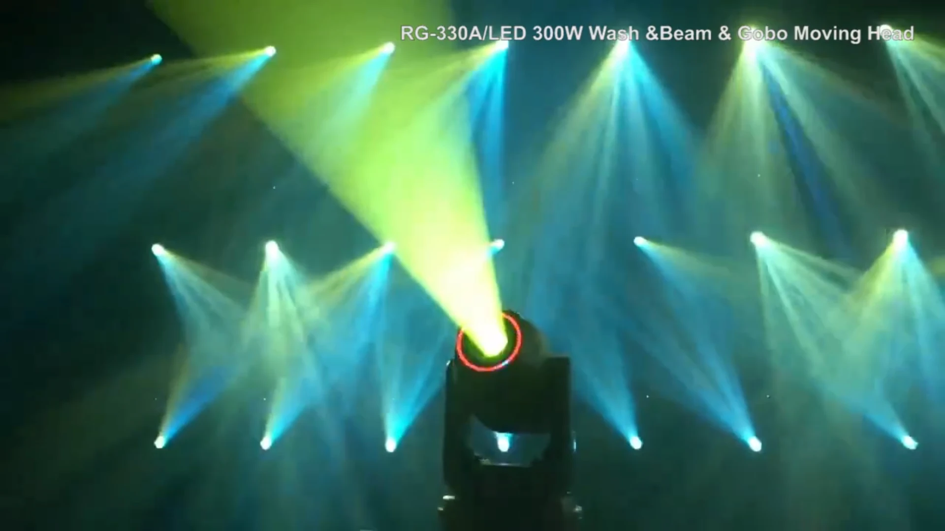 300W LED BSW Moving Head Light — RG-330A moving heads creating blue and green stage beams