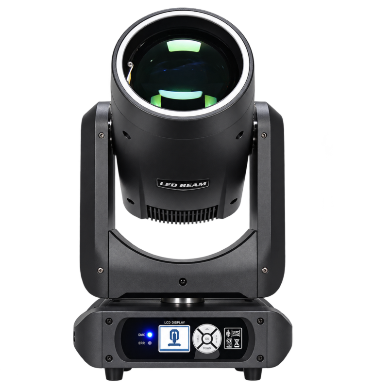 200W LED Beam Moving Head Light with Rainbow Effect — Front view of the LED beam moving head showing its large lens and base display