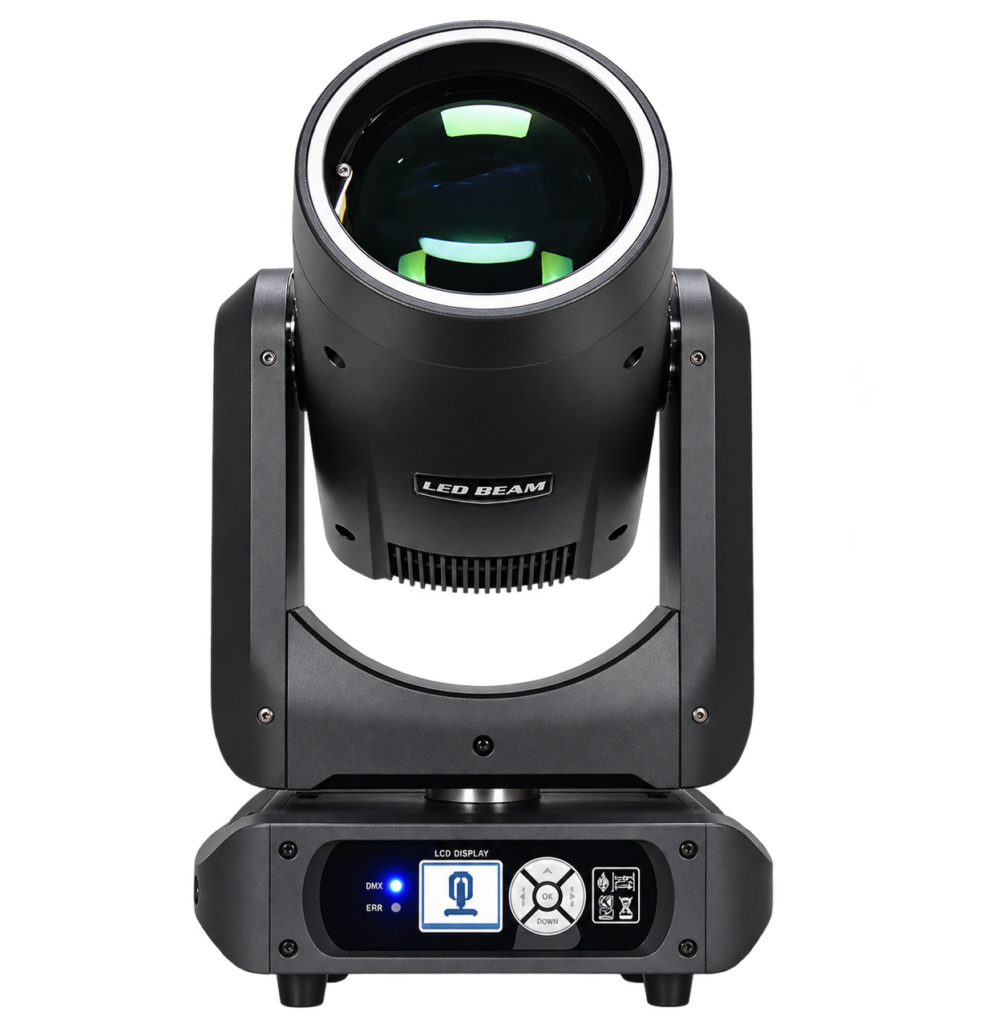 200W LED Beam Moving Head Light with Rainbow Effect — Front view of the LED beam moving head showing its large lens and base display